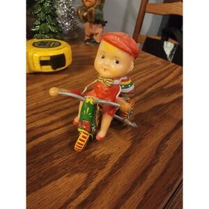 Vintage Key‎ Wind-Up Boy on Tricycle Tin Litho & Celluloid Toy Works